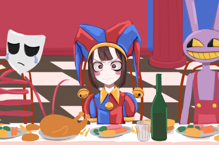 1boy 2girls angry arms_at_sides bell blue_bodysuit blue_eyes blue_headwear blunt_bangs blunt_ends blush_stickers bodysuit bottle brown_hair carrot closed_mouth colored_sclera constricted_pupils crying cup dining_room drinking_glass food fork frown gangle_(the_amazing_digital_circus) grin hat jax_(the_amazing_digital_circus) jester jester_cap jingle_bell knife kurokimoko looking_at_viewer looking_to_the_side mask meat medium_hair multicolored_bodysuit multicolored_clothes multicolored_headwear multiple_girls overalls pale_skin parted_lips pillar plate pom_pom_(clothes) pomni_(the_amazing_digital_circus) potato puffy_short_sleeves puffy_sleeves rabbit_boy red_bodysuit red_eyes red_headwear red_overalls red_ribbon ribbon short_sleeves sitting smile solo_focus spoon sweat symbol-shaped_pupils table tears the_amazing_digital_circus tile_floor tiles turkey_(food) two-tone_eyes v-shaped_eyebrows yellow_bodysuit yellow_headwear yellow_sclera yellow_teeth