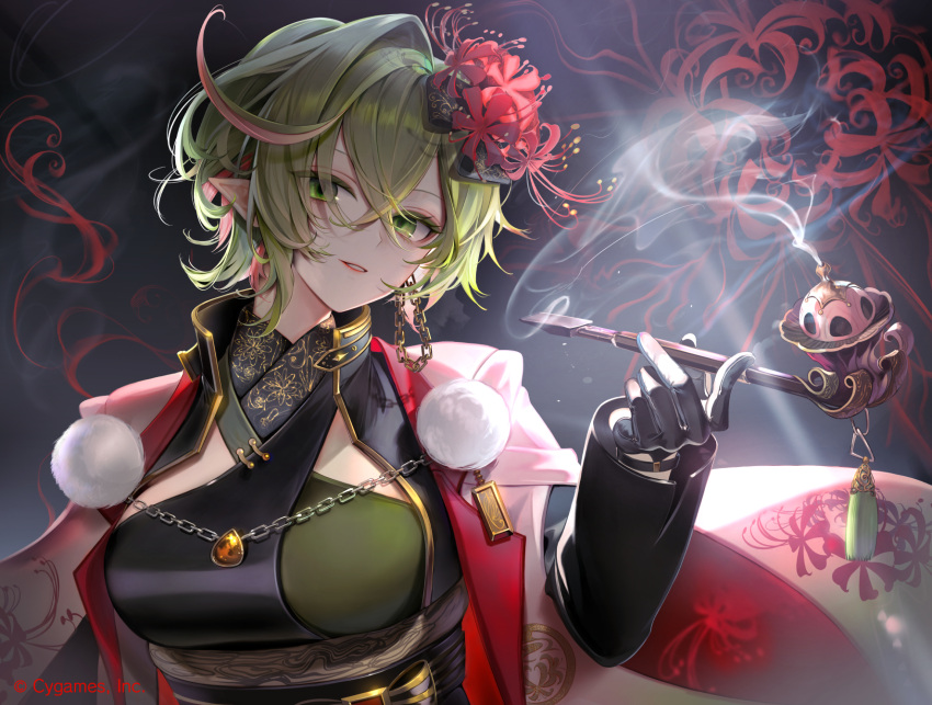 1girl black_gloves black_shirt breasts chain coat dark_background elf floral_print flower fluffy gloves gold green_eyes green_hair hair_between_eyes hair_flower hair_ornament hand_up high_collar highres holding holding_smoking_pipe japanese_clothes jewelry kouyafu long_sleeves looking_at_viewer magachiyo_(shadowverse) medium_breasts official_art open_mouth original pointy_ears shadowverse shirt short_hair simple_background smile smoke smoking_pipe solo teeth upper_body