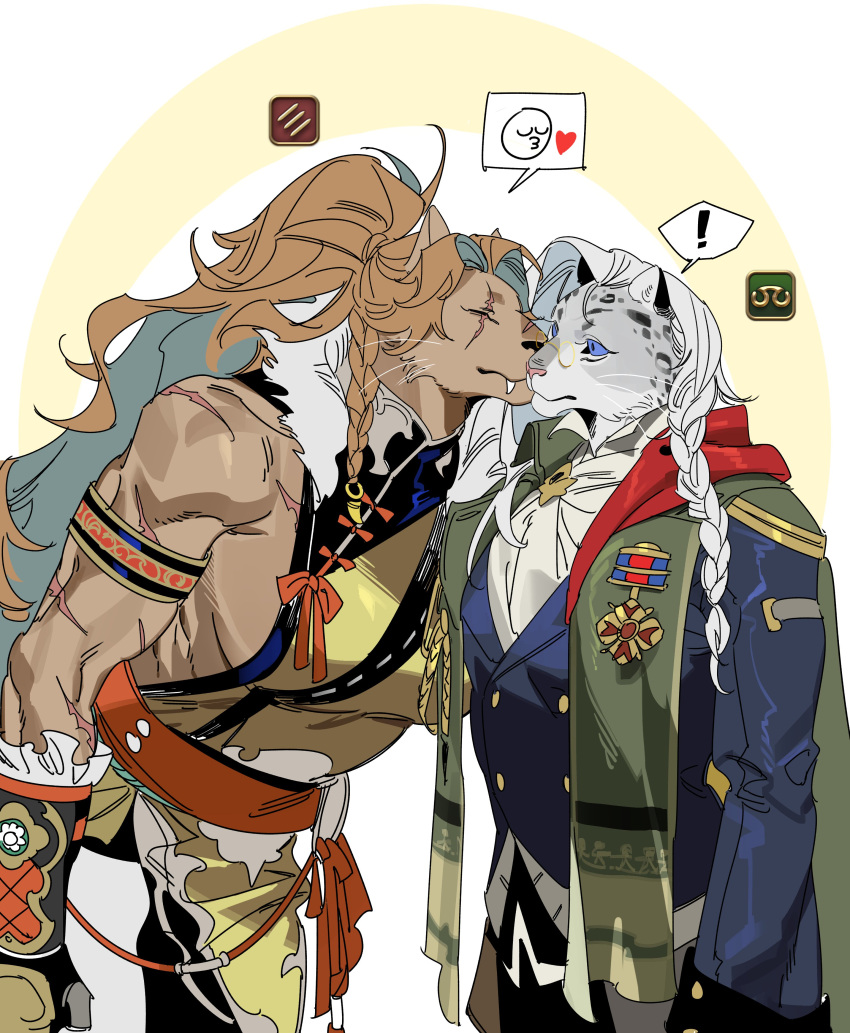 &lt;3 abstract_background absurd_res anthro biped blue_eyes bow_ribbon braided_hair breasts brown_body brown_fur brown_hair clothed clothing exclamation_point eye_scar eyes_closed facial_scar felid female female/female final_fantasy final_fantasy_xiv fur grey_body grey_fur hair hi_res hrothgar kkron_m long_hair mammal medal monk_(final_fantasy) muscular muscular_anthro muscular_female nuzzling ponytail scar scholar_(final_fantasy) side_boob snout snout_scar square_enix white_body white_fur white_hair
