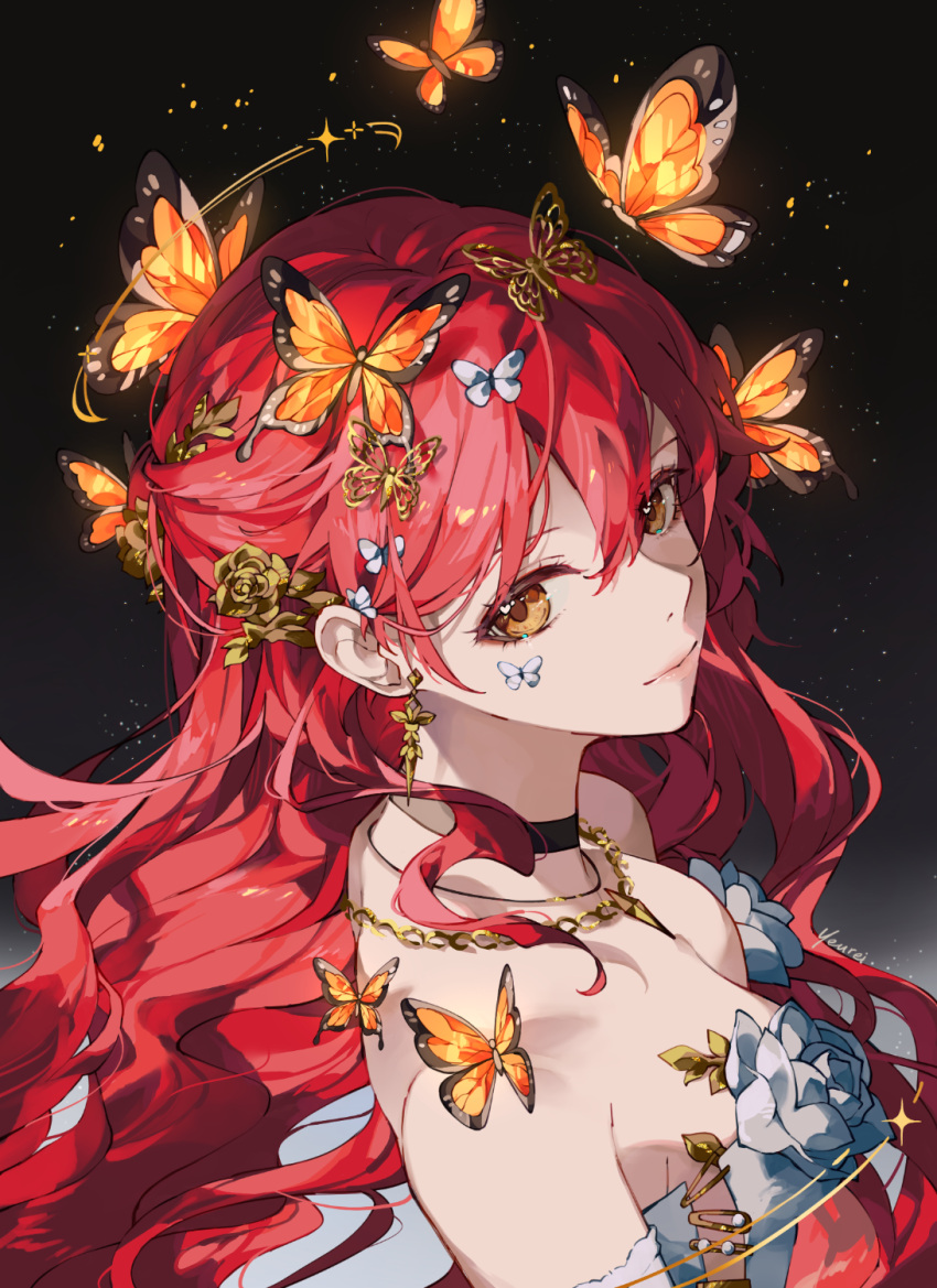 1girl artist_name bare_shoulders black_choker brown_eyes bug butterfly butterfly_hair_ornament butterfly_on_head butterfly_on_shoulder choker closed_mouth commentary_request dress earrings flower golden_rose hair_ornament highres himeko_(honkai:_star_rail) honkai:_star_rail honkai_(series) jewelry long_hair looking_at_viewer necklace off-shoulder_dress off_shoulder orange_butterfly red_hair rose sparkle upper_body white_butterfly white_dress white_flower white_rose yeurei