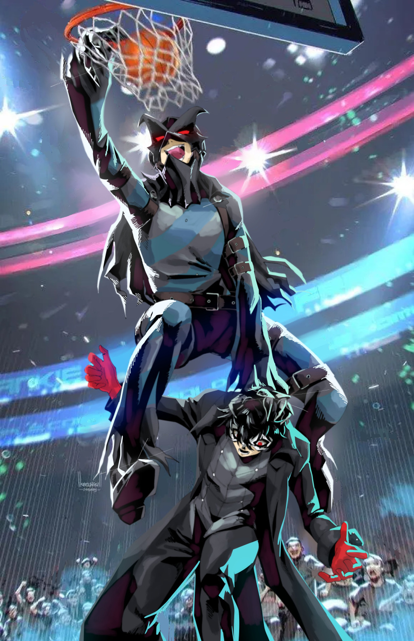 2boys absurdres akechi_gorou amamiya_ren ball basketball basketball_(object) basketball_hoop black_hair brown_hair capelet gloves hair_between_eyes highres holding holding_ball jacket kx0e long_sleeves male_focus mask meme multiple_boys open_mouth pants persona persona_5 red_eyes red_gloves short_hair slam_dunk_(basketball) smile venom_dunking_on_spider-man_(meme)