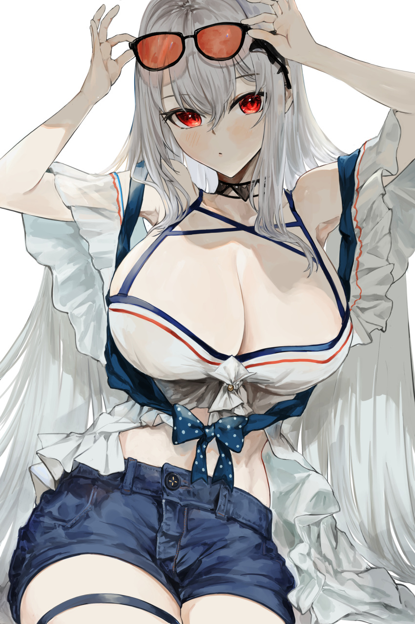 1girl :o absurdres adjusting_eyewear arknights armpits arms_up bikini bikini_top_only blue_shorts blush breasts cleavage commentary cowboy_shot eyewear_on_head front-tie_bikini_top front-tie_top highres kajuu large_breasts long_hair looking_at_viewer off-shoulder_shirt off_shoulder official_alternate_costume open_clothes open_shirt orange-tinted_eyewear orca_hair_ornament red_eyes shirt shorts skadi_(arknights) skadi_(waverider)_(arknights) solo sunglasses swimsuit thigh_strap tinted_eyewear white_bikini white_hair white_shirt