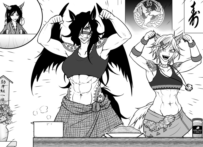 3girls abs alternate_costume animal_ears aztec_glyphs breasts cheese closed_eyes commentary_request cooking_pot cowboy_shot dog_ears dog_girl dog_tail feathered_wings flexing flower food fork gears greyscale grin hair_between_eyes highres holding holding_fork holding_spoon horns horse_ears horse_girl jar jewelry kurokoma_saki large_breasts long_bangs long_hair looking_at_viewer medium_bangs medium_breasts mitsugashira_enoko monochrome multiple_girls muscular muscular_female navel necklace nippaku_zanmu open_mouth parted_bangs pasta plate ryuuichi_(f_dragon) short_hair shoulder_tattoo skirt smile spaghetti spoon sports_bra stomach_tattoo table tail tattoo touhou vase wings