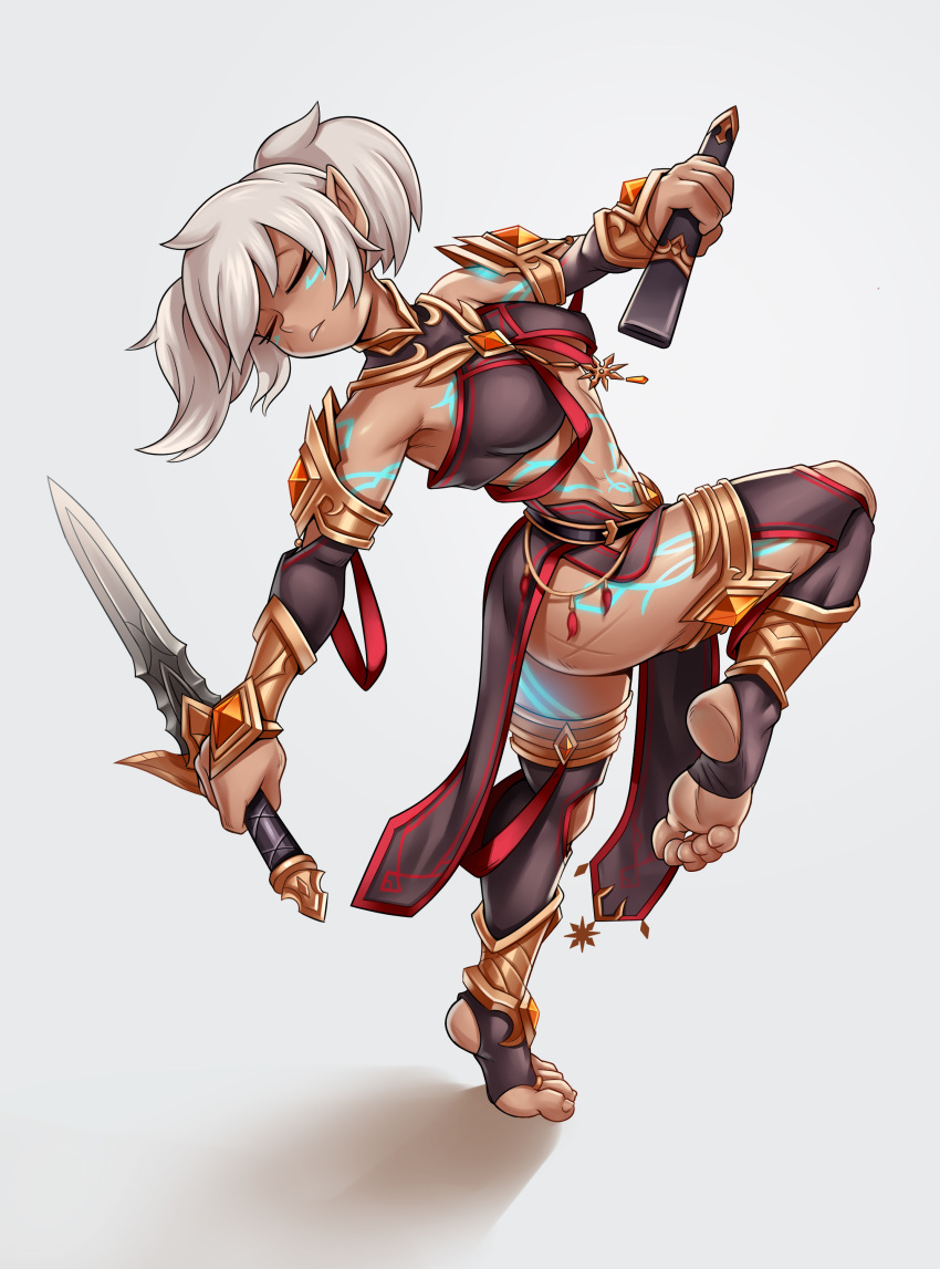 1girl absurdres ass barefoot blam body_markings closed_eyes dancer dark-skinned_female dark_elf dark_skin elf fighting_stance gem gladiatrix glowing_gem glowing_markings gold_armor highres holding holding_sword holding_weapon leaning_back lettanya loincloth midriff orange_gemstone original outside_border pirouette pointy_ears red_ribbon ribbon scabbard scar sheath signature soles solo standing standing_on_one_leg sword tan toes weapon white_background white_hair