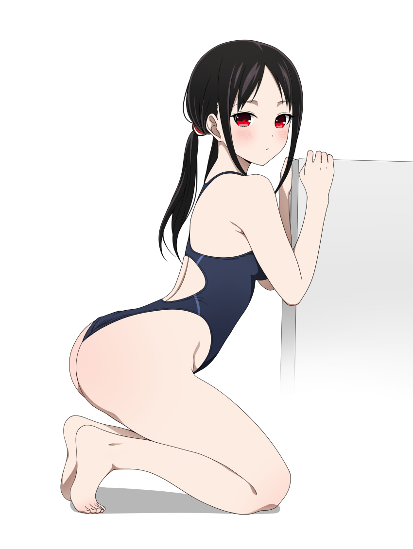 1girl absurdres ass bare_arms bare_legs bare_shoulders barefoot black_hair blue_one-piece_swimsuit blush breasts closed_mouth competition_swimsuit coro_fae expressionless feet from_side highleg highleg_swimsuit highres kaguya-sama_wa_kokurasetai_~tensai-tachi_no_renai_zunousen~ kneeling long_hair looking_at_viewer low_ponytail one-piece_swimsuit paid_reward_available parted_bangs red_eyes shadow shinomiya_kaguya sidelocks simple_background small_breasts solo swimsuit toes white_background