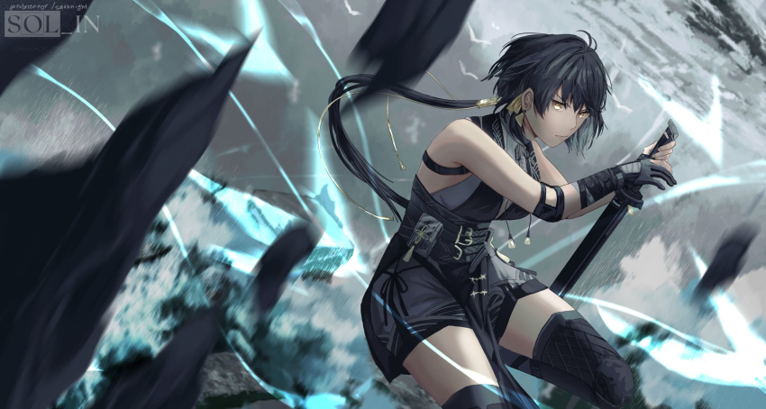1girl bandaged_hand bandages black_hair black_thighhighs breasts closed_mouth female_rover_(wuthering_waves) gloves glowing glowing_eyes grey_sky highres holding holding_sword holding_weapon long_hair looking_at_viewer medium_breasts rock rulxierinor shirt signature sleeveless sleeveless_shirt solo sword thighhighs twintails weapon wuthering_waves