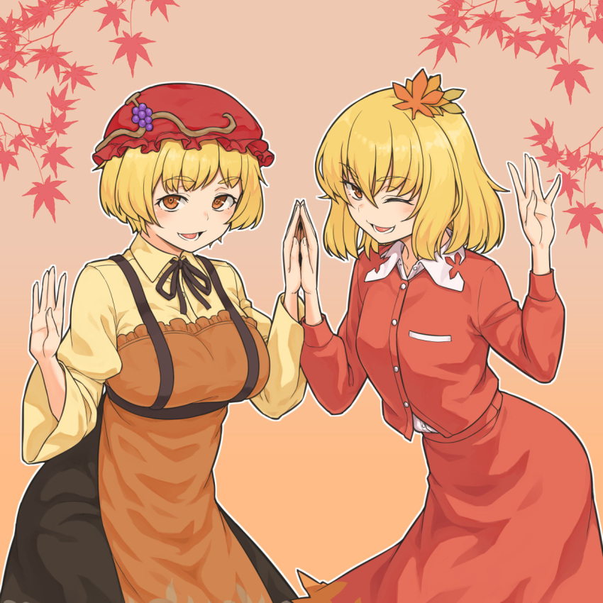 2girls aki_minoriko aki_shizuha apron blonde_hair gradient_background highres kakone leaf looking_at_viewer maple_leaf multiple_girls red_apron red_headwear red_skirt shirt skirt smile touhou yellow_shirt