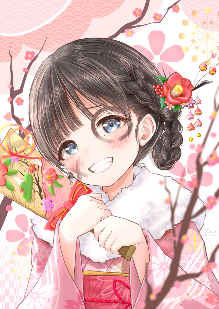 1girl absurdres akebi-chan_no_serafuku akebi_komichi black_hair blue_eyes blush braid clenched_teeth facial_mark floral_print flower fluno fur-trimmed_kimono fur_trim furisode grin hagoita hair_flower hair_ornament highres japanese_clothes kimono looking_at_viewer new_year obi paddle pink_kimono pink_sash sash short_hair side_braid smile solo teeth wide_sleeves