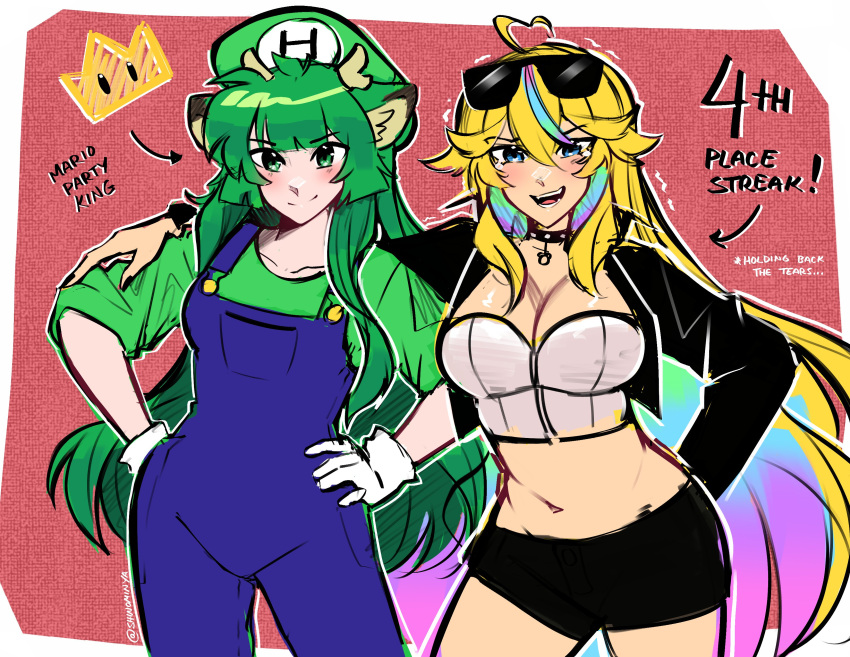 ! ... 2girls absurdres ahoge animal_ears antlers blonde_hair blue_eyes breasts choker commentary cowboy_shot cropped_jacket crying crying_with_eyes_open english_commentary english_text eyewear_on_head gloves green_eyes green_hair hair_between_eyes hands_on_own_hips haruka_karibu hat heart heart_ahoge highres indie_virtual_youtuber jacket large_breasts long_hair long_sleeves looking_at_viewer luigi mario_(series) midriff multiple_girls navel open_clothes open_jacket open_mouth shinomiya_arts shorts smile sunglasses tears teeth tongue trembling twitter_username very_long_hair virtual_youtuber vshojo watermark