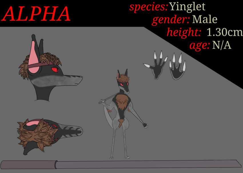 alpha_(conry) bird's-eye_view black_pupils brown_body brown_fur brown_hair claws conry dark_body dark_fur feral fur grey_body grey_fur hair hi_res high-angle_view kerchief looking_at_viewer male mammal melee_weapon model_sheet out-of-placers pupils red_sclera solo sword text weapon webcomic yinglet