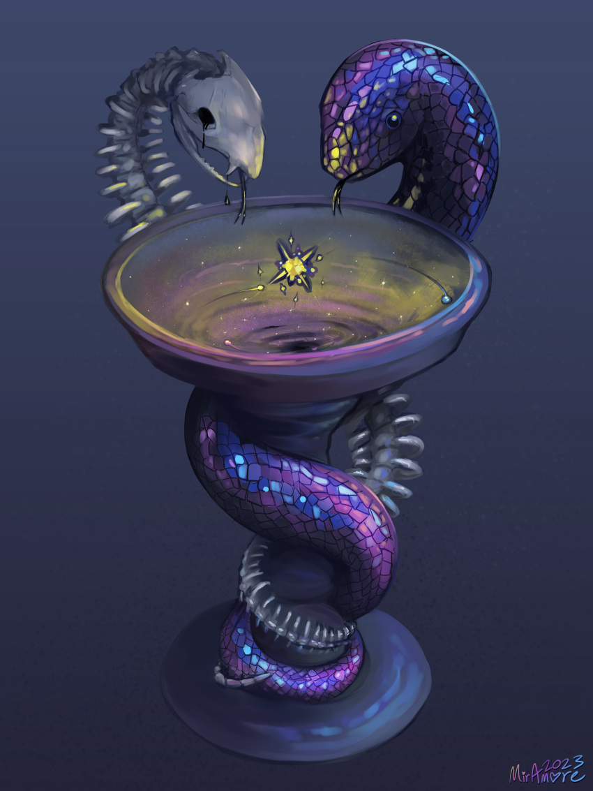 2023 absurd_res ambiguous_gender bone bowl bowl_of_hygieia container cup digital_media_(artwork) duo feral glistening glowing goblet hi_res metaphor miramore reptile scales scalie serpentine signature simple_background skeleton snake sparkles sparkling_character star tail tongue