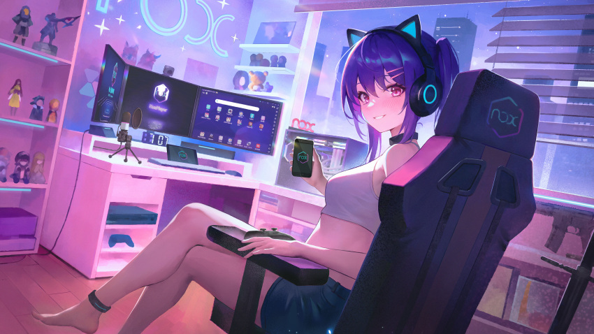 1girl absurdres animal_ear_headphones animal_ears bare_shoulders barefoot breasts building cellphone chair clock commentary_request controller cropped_shirt crossed_legs fake_animal_ears figure game_controller gaming_chair headphones highres holding holding_phone ikkia indoors looking_at_viewer looking_back medium_breasts midriff monitor official_art on_chair original phone pink_eyes purple_hair shirt shorts sitting smartphone smile solo swivel_chair twintails webcam white_shirt