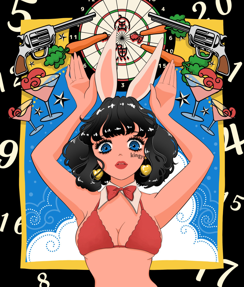 1girl absurdres animal_ears arms_up bikini bikini_top_only black_border black_hair blue_eyes border bow bowtie carrot cocktail_glass cup dartboard detached_collar drinking_glass earrings gun hair_ornament heart heart_earrings highres jewelry looking_at_viewer oojuly41 original parted_lips rabbit_ears rabbit_hair_ornament red_bikini red_bow red_bowtie red_lips revolver short_hair signature solo swimsuit upper_body weapon
