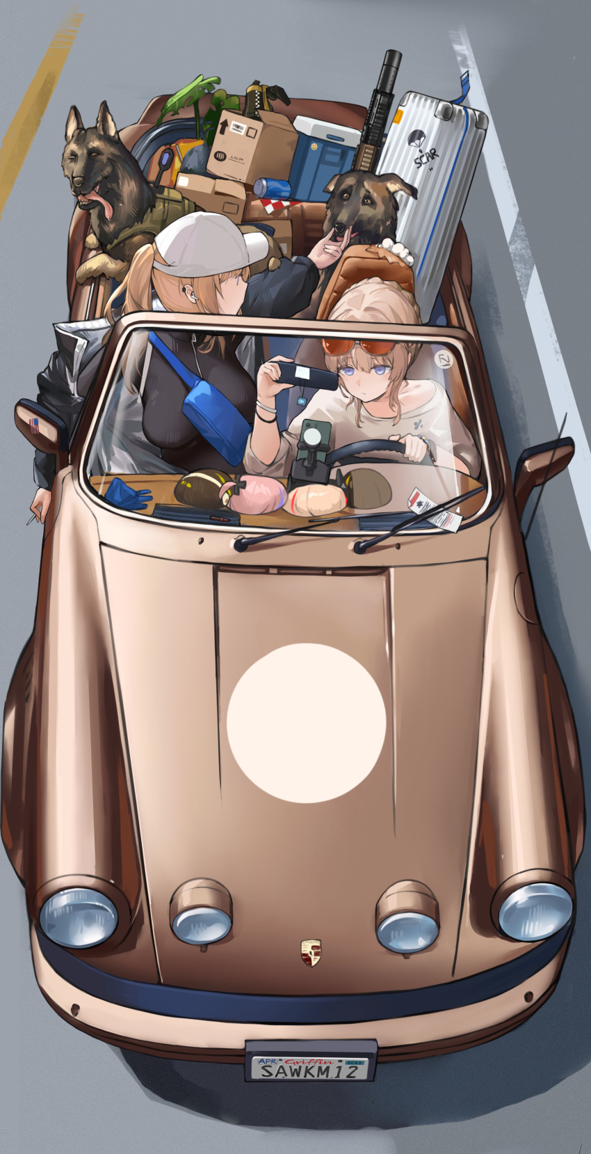 2girls absurdres american_flag bag black_jacket blonde_hair blue_eyes box braid car cardboard_box character_doll commentary driving english_commentary eyewear_on_head french_braid from_above girls'_frontline grey_shirt hair_through_headwear hat highres jacket long_hair looking_back motor_vehicle multiple_girls sawkm scar-h_(girls'_frontline) scar-l_(girls'_frontline) shirt shoulder_bag sidelocks sunglasses t-shirt white_headwear