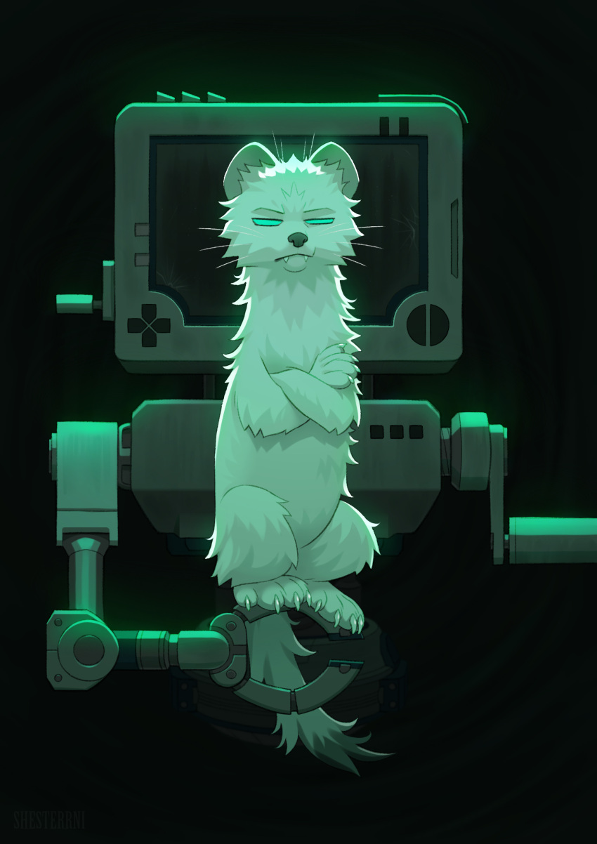absurd_res ambiguous_gender crossed_arms feral fur glowing glowing_eyes green_eyes hi_res inscryption light_body light_fur mammal mustelid musteline p03_(inscryption) shesterrni simple_background stoat true_musteline weasel whiskers white_body white_fur