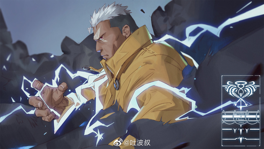 1boy collared_jacket cross_scar dark-skinned_male dark_skin electricity electrokinesis from_side frown fullmetal_alchemist highres looking_at_viewer male_focus mature_male no_eyebrows scar scar_(fma) serious short_hair sideburns smoke solo tooboshoo upper_body