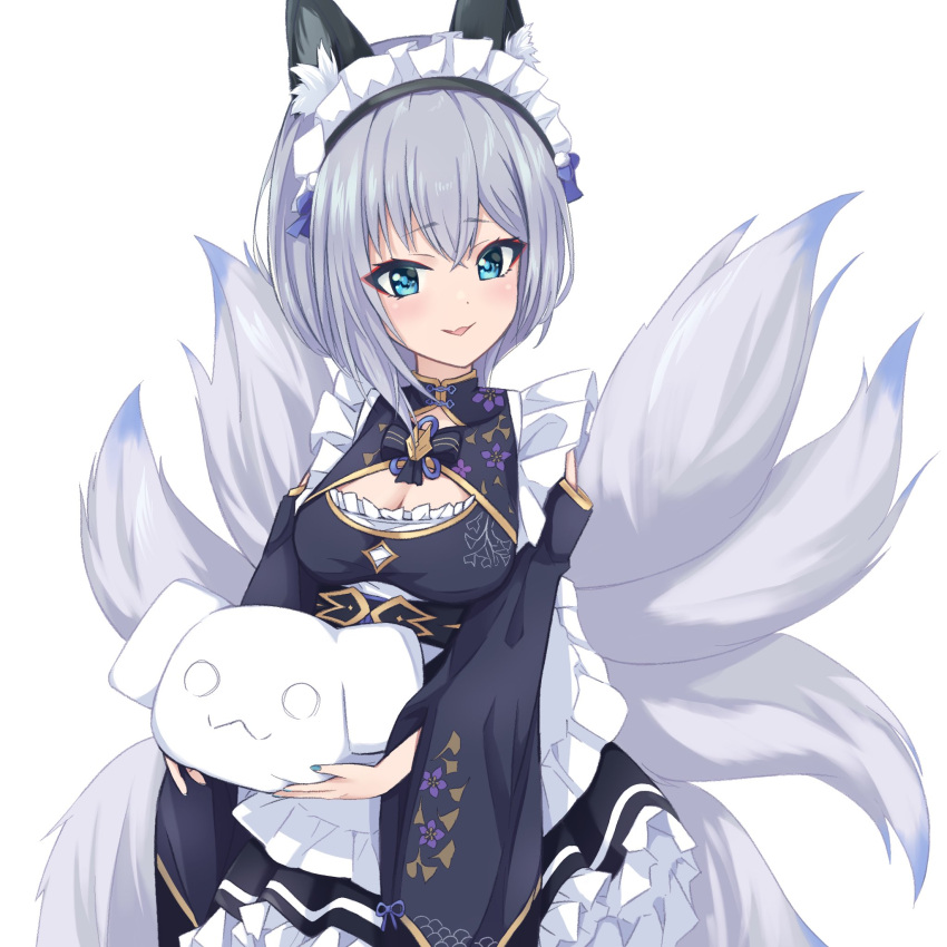 1girl animal_ear_fluff animal_ears apron blue_bow blue_eyes blue_nails bow breasts cleavage cleavage_cutout clothing_cutout cowboy_shot dot_nose dress fang fox_ears fox_girl fox_tail frilled_dress frills grey_hair hair_between_eyes highres holding horibito inari_iroha light_blush looking_at_viewer maid maid_apron maid_headdress medium_breasts medium_hair multiple_tails noripro open_mouth red_eyeliner shoulder_cutout simple_background skin_fang smile solo tail virtual_youtuber wa_maid white_background wide_sleeves