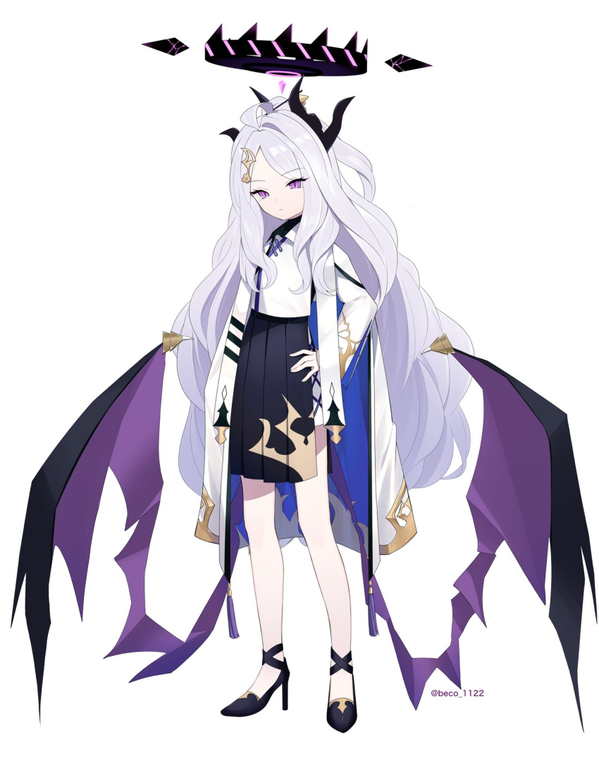 1girl ahoge alternate_costume beko_(beco_1122) black_footwear black_skirt blue_archive chinese_clothes coat commentary_request demon_girl demon_horns demon_wings forehead full_body hair_ornament hairclip halo hand_on_own_hip high_heels highres hina_(blue_archive) horns long_hair long_sleeves looking_at_viewer parted_bangs pleated_skirt ponytail purple_eyes side_slit sidelocks simple_background skirt solo standing twitter_username white_background white_coat white_hair wings