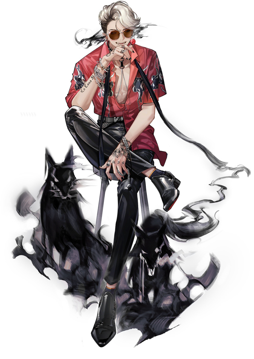 1boy abs arm_tattoo belt black_belt black_hair black_nails black_pants black_sclera black_socks bracelet brown-tinted_eyewear chain colored_sclera dog dress_shoes full_body hand_tattoo highres jewelry looking_at_viewer male_focus multicolored_hair multiple_rings official_art open_clothes open_shirt pants parted_lips pavia_(reverse:1999) pink-tinted_eyewear red_shirt reverse:1999 ring shirt sitting smile smoke socks solo stool streaked_hair tachi-e tattoo third-party_source tinted_eyewear transparent_background white-framed_eyewear white_hair