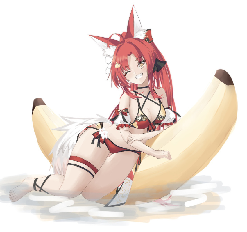 alternate_costume animal_ears azur_lane banana bikini blush breasts collarbone food fox_ears fruit full_body grin hair_ornament long_hair looking_at_viewer medium_breasts mumei_shumi naka_(azur_lane) one_eye_closed red_hair simple_background smile swimsuit white_background yellow_eyes