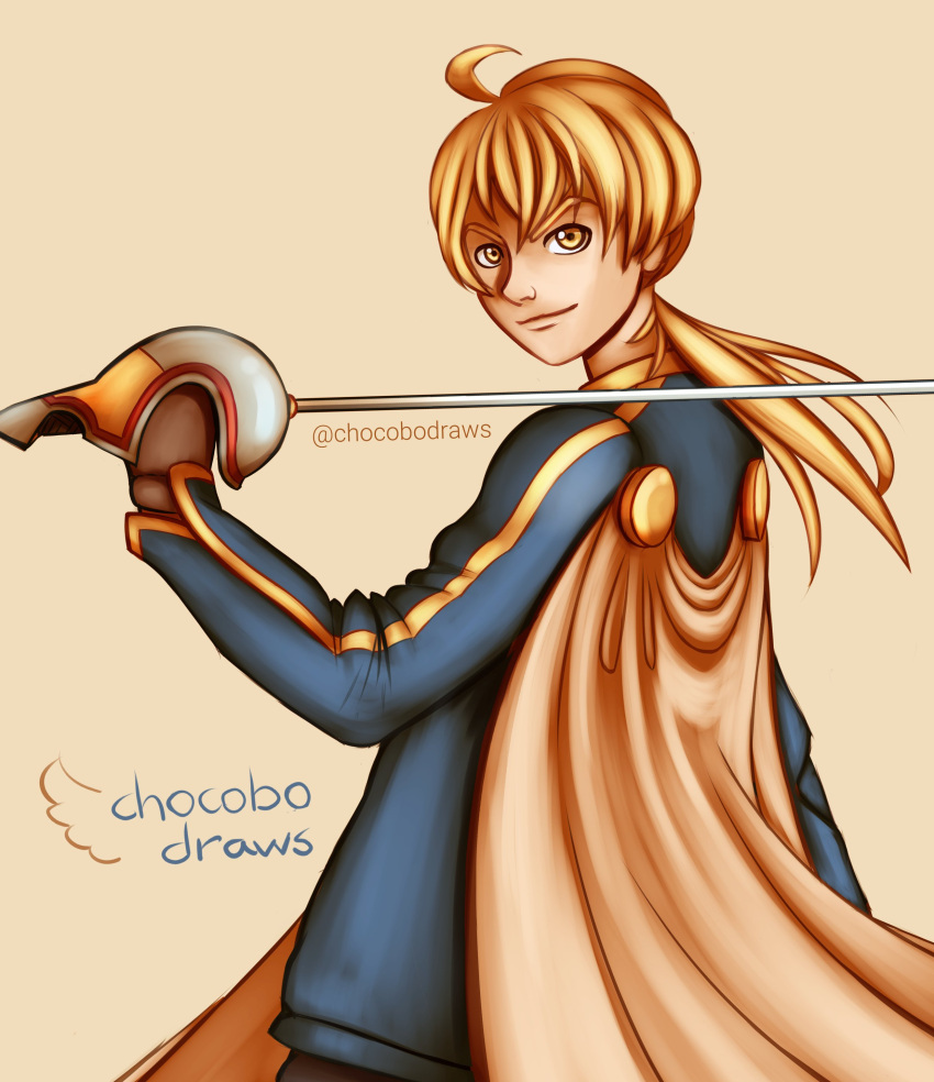 1boy absurdres ahoge artist_name back blonde_hair blue_shirt brown_cape brown_gloves cape chocobodraws final_fantasy final_fantasy_tactics gloves highres holding holding_weapon light_brown_background long_hair looking_at_viewer male_focus nose ponytail ramza_beoulve shirt smile solo sword twitter_username upper_body v-shaped_eyebrows weapon yellow_eyes