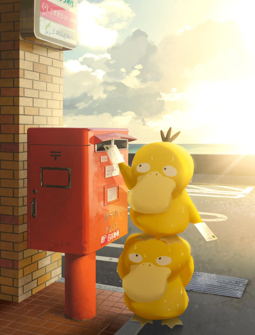 cloud day highres holding japanese_postal_mark letter nihei92729 no_humans outdoors pokemon pokemon_(creature) postbox_(outgoing_mail) psyduck sign sky standing_on_another's_head sweat