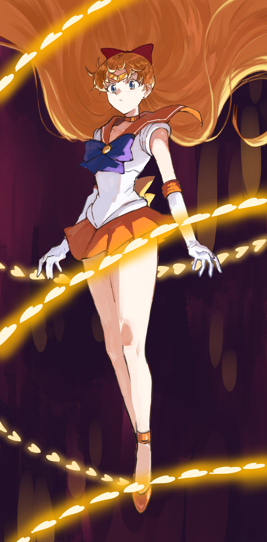 1girl absurdres aino_minako bare_legs bishoujo_senshi_sailor_moon blonde_hair blue_bow blue_eyes bow choker circlet elbow_gloves floating floating_hair full_body gloves highres hosiman inner_senshi long_hair looking_down miniskirt orange_choker orange_footwear orange_sailor_collar orange_skirt pleated_skirt sailor_collar sailor_senshi sailor_senshi_uniform sailor_venus serious skirt solo venus_love_me_chain very_long_hair white_gloves