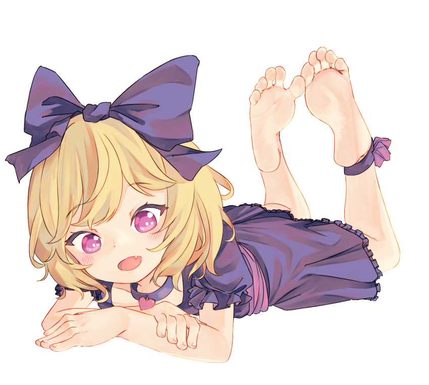 1girl ankle_ribbon barefoot black_bow black_dress blonde_hair blush bow chaosexceed collar commission dress elly_(tonari_no_kyuuketsuki-san) english_commentary feet full_body hair_bow heart_collar leg_ribbon looking_at_viewer lying mixed-language_commentary on_stomach open_mouth pixiv_commission purple_eyes ribbon short_hair short_sleeves simple_background smile soles solo the_pose toes tonari_no_kyuuketsuki-san white_background