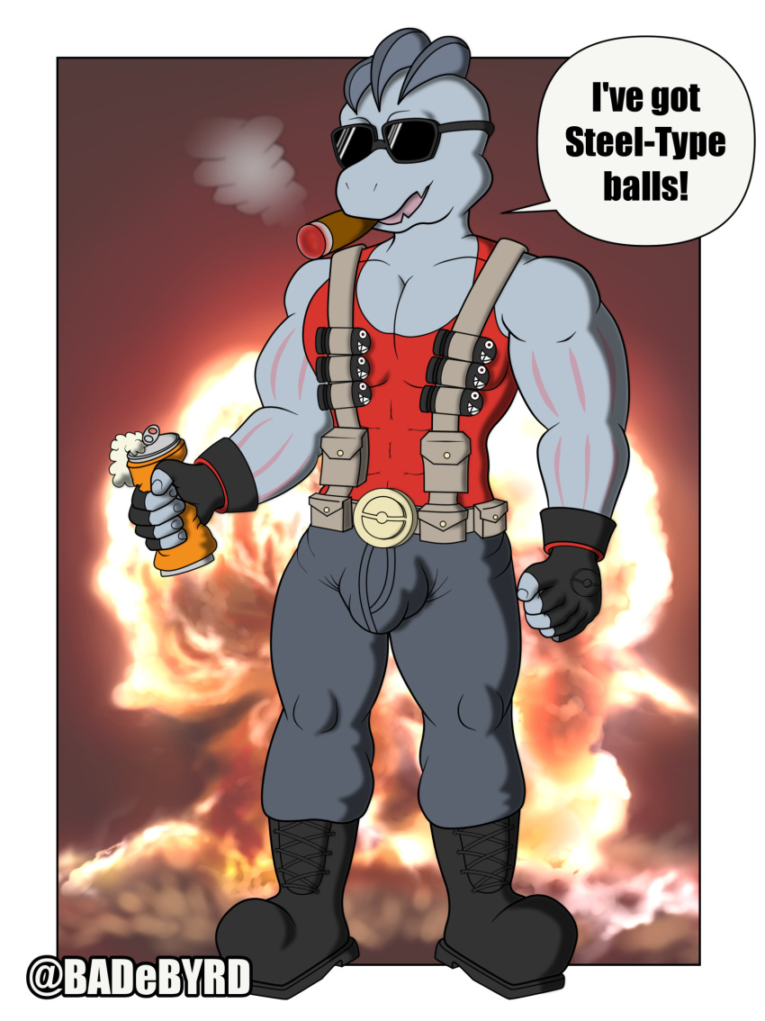 anthro badebyrd boots bulge cheezy_dialogue cigar clothing combat_boots cosplay crossover crossover_cosplay crushed_can duke_nukem duke_nukem_forever english_text explosion foam footwear generation_1_pokemon hi_res invalid_background machoke male muscular nintendo pokemon pokemon_(species) solo speech_bubble text