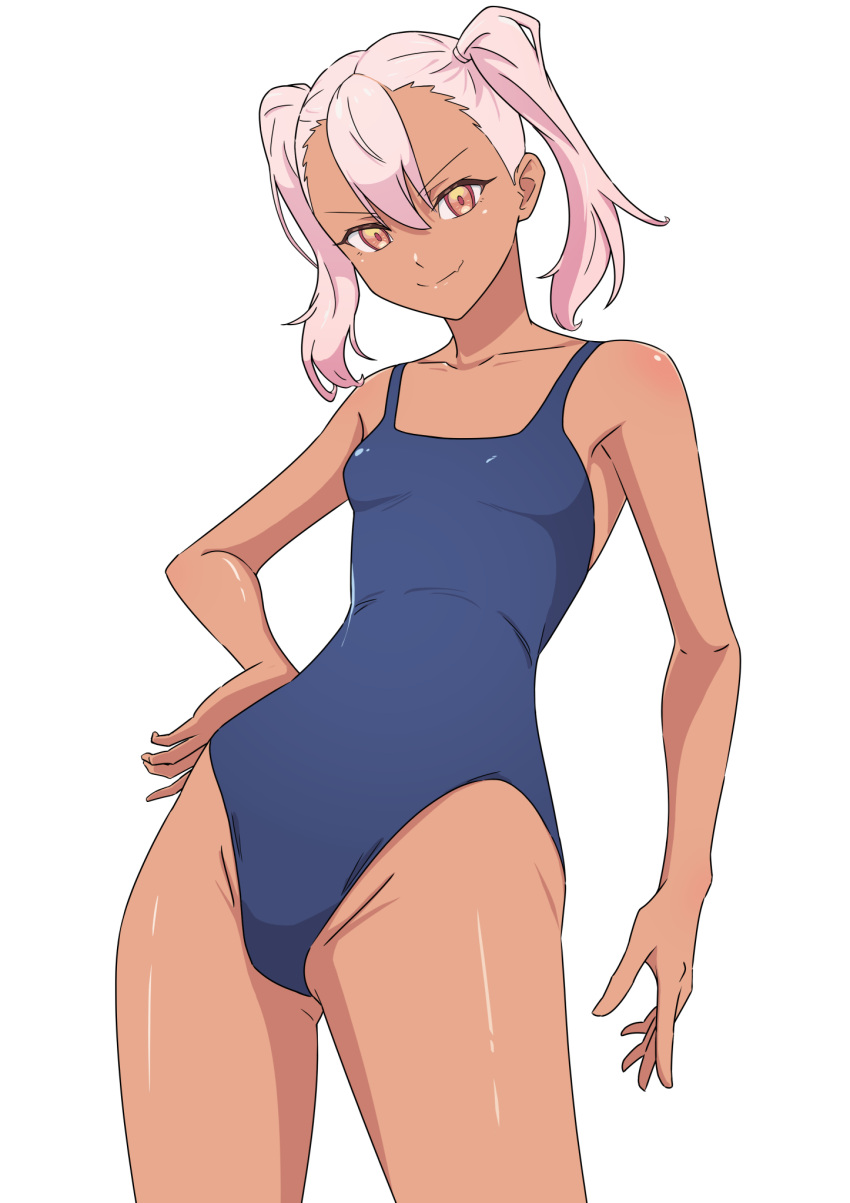 19_chisinlo 1girl bare_shoulders blue_one-piece_swimsuit breasts chloe_von_einzbern collarbone dark-skinned_female dark_skin fate/kaleid_liner_prisma_illya fate_(series) hair_between_eyes highleg highleg_swimsuit highres long_hair looking_at_viewer one-piece_swimsuit orange_eyes pink_hair sidelocks small_breasts smile solo swimsuit thighs twintails