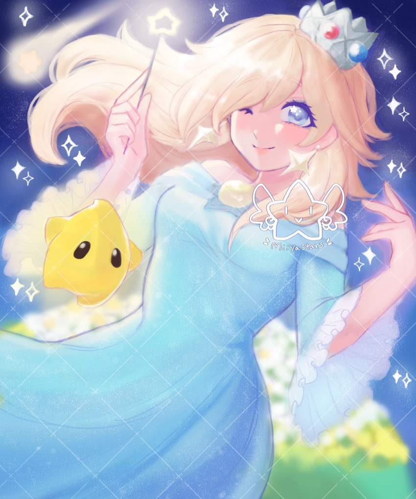 1girl ;) absurdres bare_shoulders blonde_hair blue_dress blue_eyes brooch closed_mouth crown dress earrings eyelashes hair_over_one_eye highres holding holding_wand jewelry long_sleeves looking_at_viewer luma_(mario) mario_(series) miiyastars off-shoulder_dress off_shoulder one_eye_closed rosalina shooting_star smile star_(symbol) star_brooch star_earrings super_mario_galaxy wand wide_sleeves