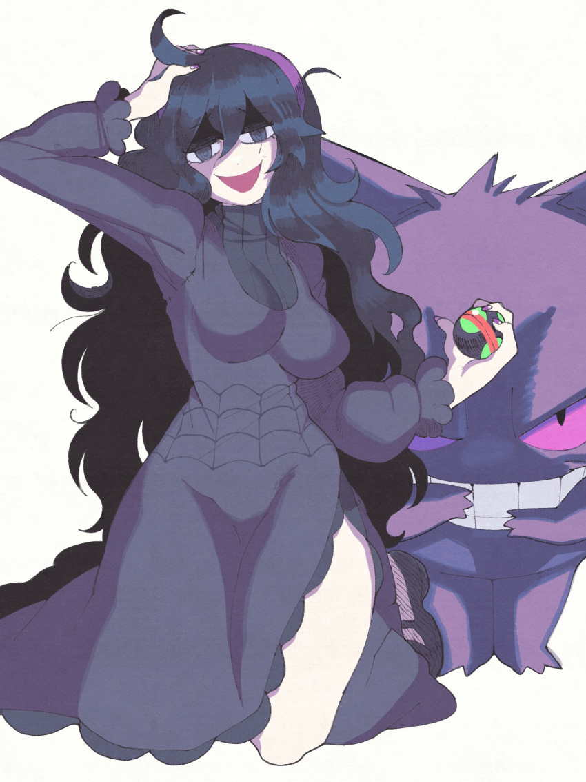 1girl absurdres ahoge breasts dress dusk_ball gengar grin hex_maniac_(pokemon) highres holding holding_poke_ball inkerton-kun long_hair looking_at_viewer poke_ball pokemon pokemon_(creature) pokemon_(game) pokemon_xy simple_background smile sweater sweater_dress teeth very_long_hair white_background