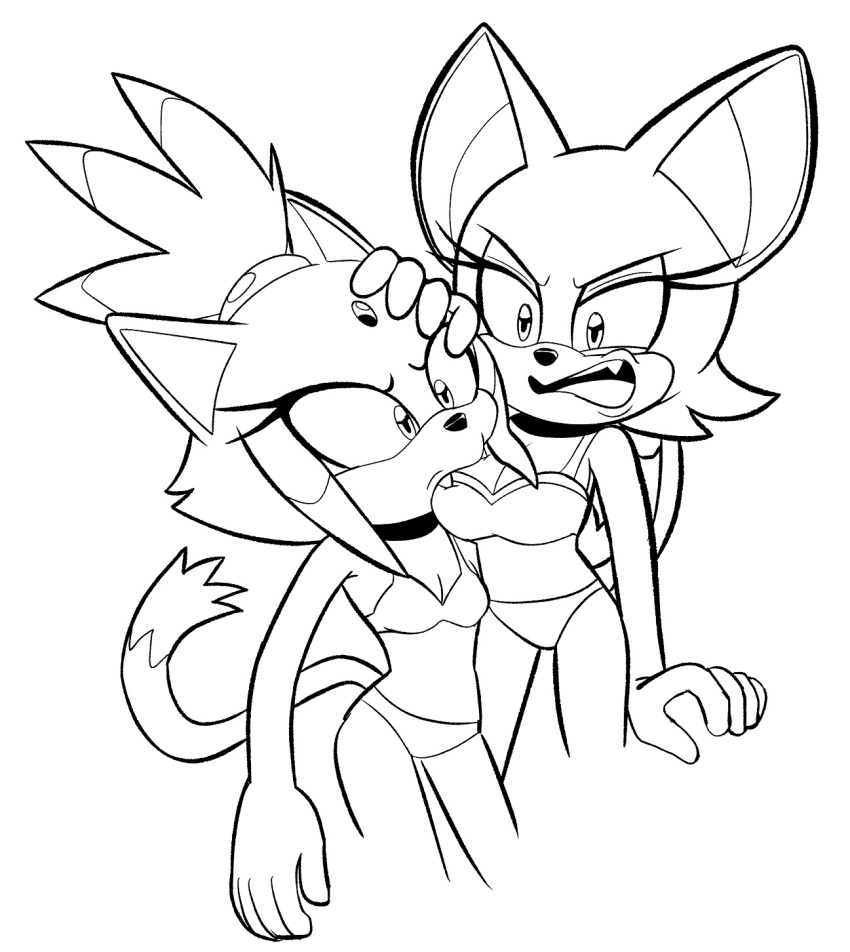 alotaart angry angry_expression annoyed annoyed_expression anthro bikini bite biting_another biting_breast blaze_the_cat bra breasts cleavage clothed clothing duo fangs female female/female hi_res line_art rouge_the_bat sega sonic_the_hedgehog_(series) swimwear teeth underwear