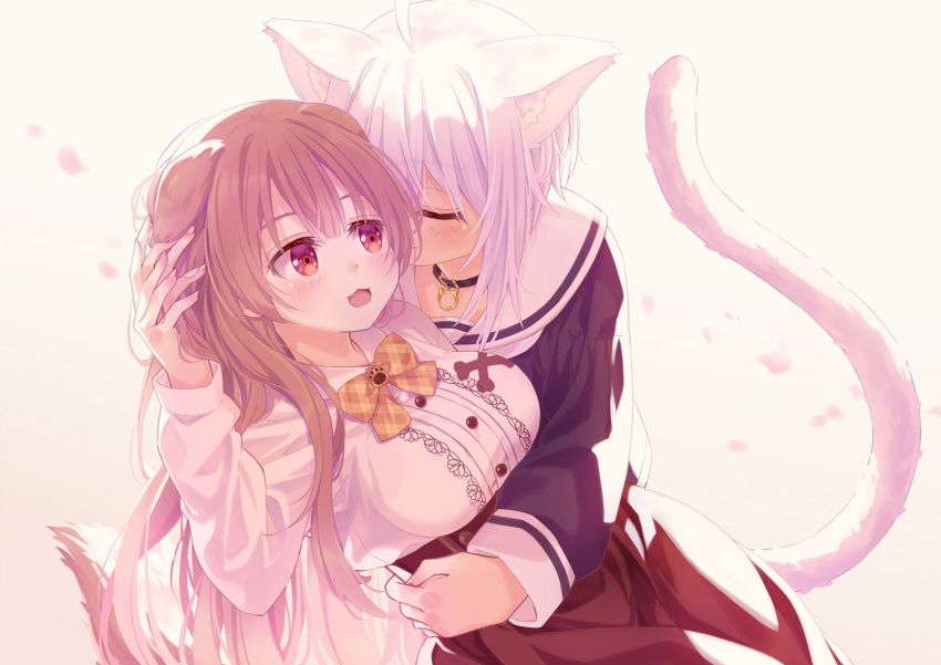 54hao :d animal_ear_fluff animal_ears arm_up black_shirt bow breasts brown_background brown_bow brown_hair brown_skirt cat_ears cat_girl cat_tail collared_shirt commentary dog_ears dog_girl dog_tail dress_shirt hair_between_eyes hand_in_another's_hair highres hololive inugami_korone large_breasts long_sleeves nekomata_okayu petals plaid plaid_bow puffy_long_sleeves puffy_sleeves red_eyes sailor_collar shirt skirt smile tail virtual_youtuber white_hair white_sailor_collar white_shirt