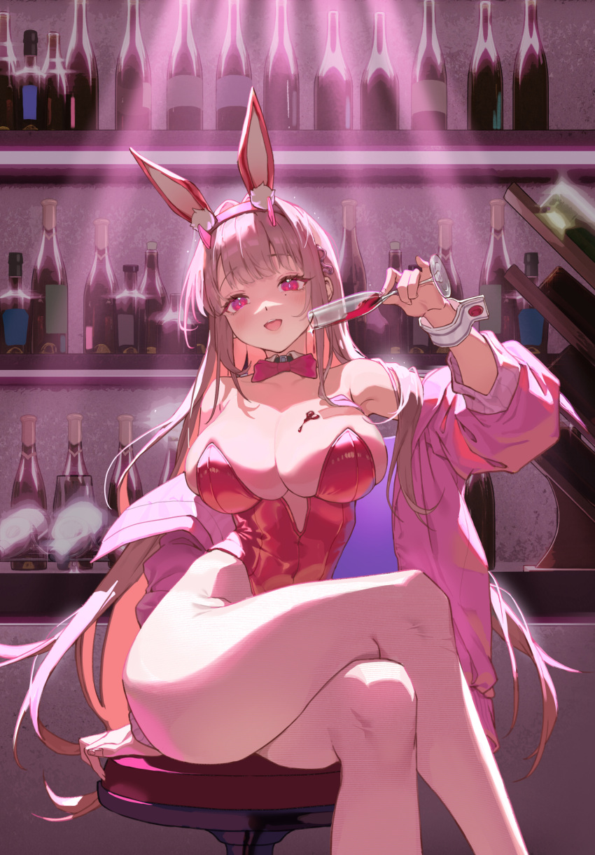 1girl absurdres alcohol animal_ears arm_support bar_(place) bar_stool bare_shoulders blush bow bowtie breasts champagne_flute cleavage collarbone colored_inner_hair counter crossed_legs cup detached_collar drinking_glass fake_animal_ears feet_out_of_frame goddess_of_victory:_nikke head_tilt heiyu highleg highleg_leotard highres horns jacket large_breasts leotard light_brown_hair liquor long_hair looking_at_viewer multicolored_hair official_alternate_costume open_mouth pantyhose pink_bow pink_bowtie pink_eyes pink_hair pink_horns pink_jacket playboy_bunny pouring pouring_onto_self rabbit_ears red_leotard sideboob sidelocks sitting skindentation smile solo stool strapless strapless_leotard viper_(nikke) viper_(toxic_rabbit)_(nikke) white_pantyhose wrist_cuffs