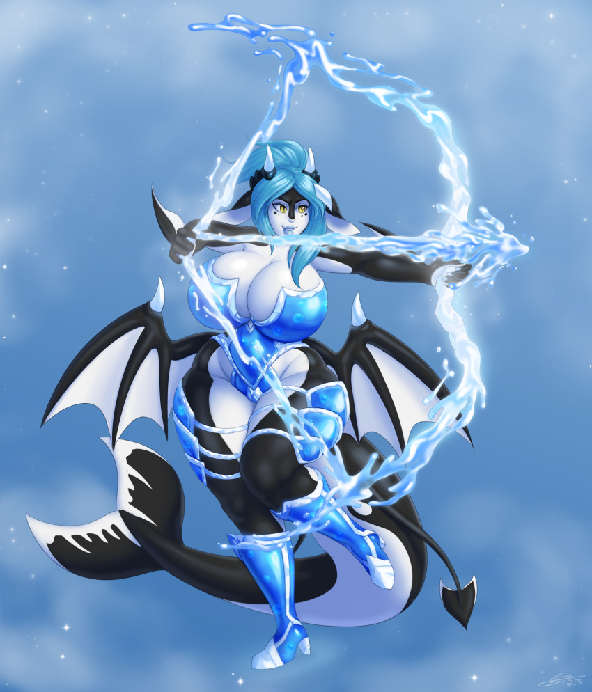 anat anthro armor arrow_(weapon) big_breasts black_body blue_hair bow_(weapon) breasts cetacean clothed clothing dolphin female fingers hair hi_res holding_object holding_weapon huge_breasts ice lips long_ears magic mammal marine oceanic_dolphin on_one_leg orca ranged_weapon simple_background slimefur solo standing succubus tail teeth thick_thighs toothed_whale water weapon white_body wide_hips wings yellow_eyes