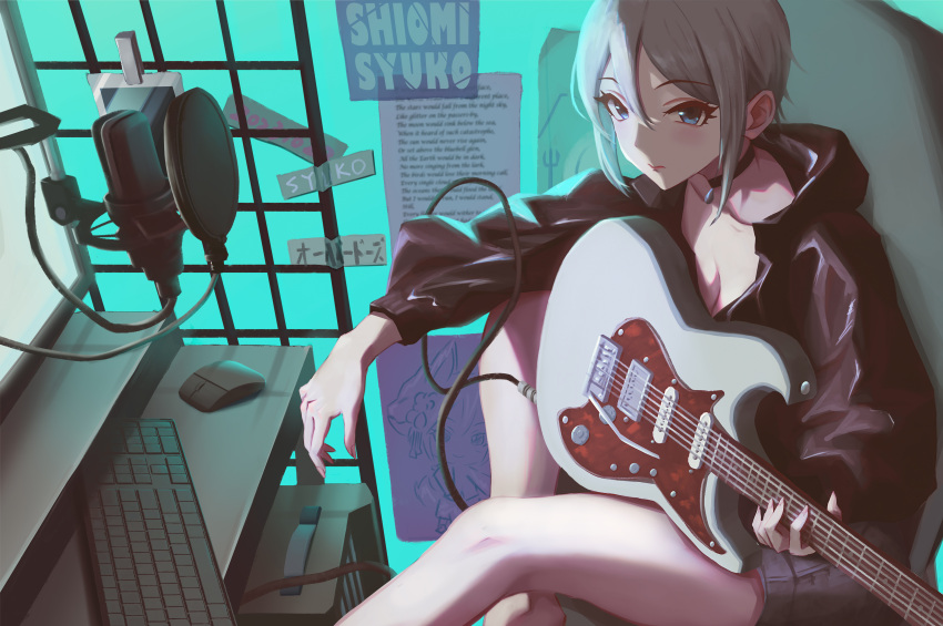 1girl absurdres bare_legs black_choker black_jacket breasts cable choker cleavage collarbone electric_guitar grey_hair guitar hair_between_eyes highres holding holding_instrument idolmaster idolmaster_cinderella_girls indoors instrument jacket keyboard_(computer) looking_at_viewer monitor mouse_(computer) pop_filter qingli_ye shiomi_syuko short_hair sitting solo