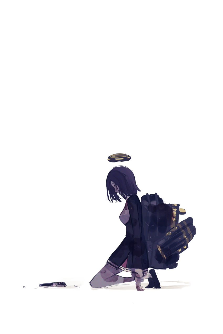 1girl absurdres black_dress dress halo highres kantai_collection katsuobushi_(eba_games) kneeling machinery mechanical_halo negative_space purple_eyes purple_hair short_hair simple_background solo tatsuta_(kancolle) torpedo_launcher white_background