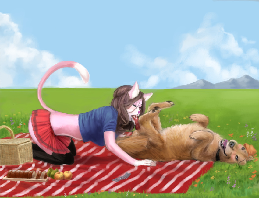 2023 anthro anthro_on_feral anthro_on_male apple basket bestiality bird_dog bodily_fluids bottomwear breasts brown_hair butt canid canine canis clothing container cum cum_in_mouth cum_inside digital_media_(artwork) digital_painting_(artwork) dipstick_tail domestic_cat domestic_dog duo felid feline felis fellatio female female_on_feral feral food fruit fur genital_fluids grass hair hi_res hunting_dog interspecies knot lying male male/female mammal markings on_back oral oral_penetration outside outside_sex penetration penile penis_in_mouth picnic picnic_basket pink_body pink_fur plant retriever sex shirt skirt tail tail_markings tan_body tan_fur topwear zyumin