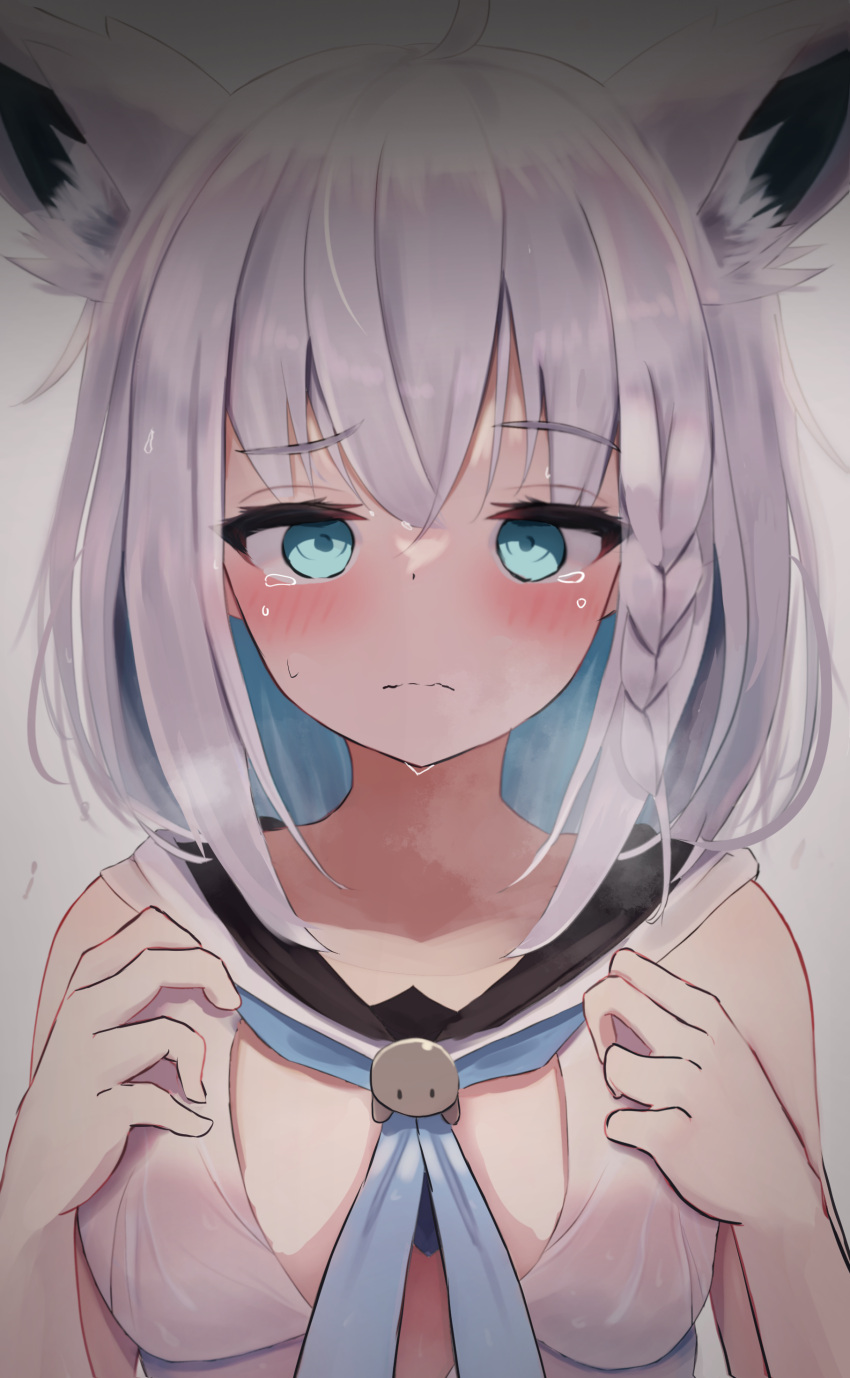 1girl absurdres ahoge animal_ear_fluff animal_ears blue_neckerchief braid breasts commentary fox_ears fox_girl green_eyes hair_between_eyes highres hololive hood hoodie long_hair looking_at_viewer neckerchief shirakami_fubuki shirakami_fubuki_(1st_costume) sidelocks single_braid small_breasts solo sweat takku_(t_oekakidaisuki) tearing_up virtual_youtuber white_hair white_hoodie