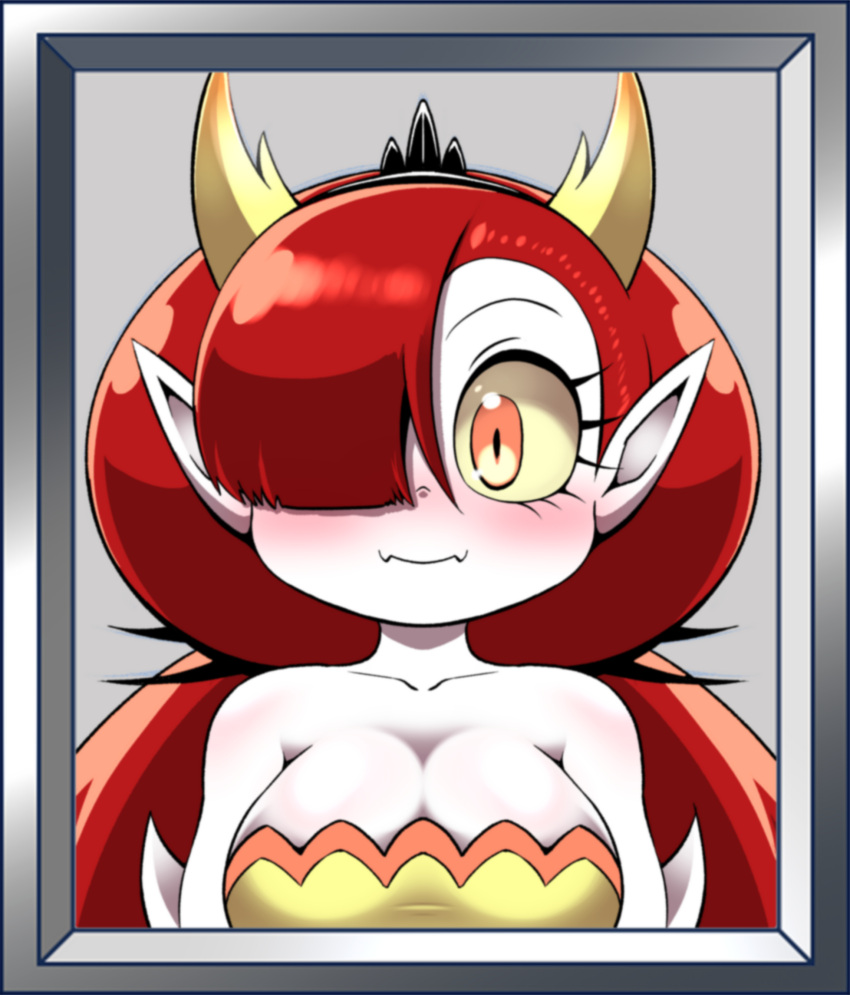 black_tiara blushing_profusely clothing cocco disney dress eyelashes female hair hair_over_eye hekapoo hi_res horn horned_humanoid humanoid humanoid_pointy_ears long_hair looking_at_viewer not_furry one_eye_obstructed orange_eyes pale_skin picture_frame red_hair solo star_vs._the_forces_of_evil straight_face wide_eyed yellow_clothing yellow_dress yellow_horn yellow_sclera