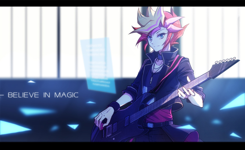 1boy alternate_costume belt blonde_hair collarbone cropped_jacket english_text fujiki_yuusaku green_eyes guitar hologram instrument iphis jacket jewelry long_sleeves male_focus multicolored_hair music necklace open_clothes open_jacket playing_instrument playmaker purple_hair red_hair scrunchie shirt smile solo spiked_hair wrist_scrunchie yu-gi-oh! yu-gi-oh!_vrains