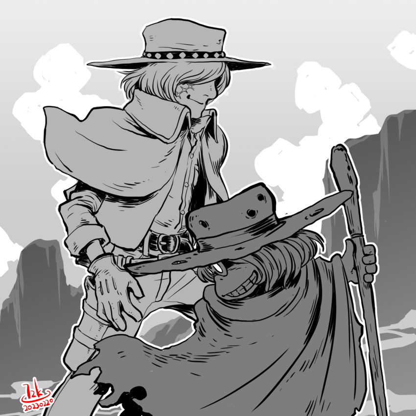 1970s_(style) 2boys bullet_hole cane cloak cloud commentary_request concealed_weapon cowboy_hat cowboy_western dated desert glasses grin gun_frontier_(western) harlock hat highres hood hooded_cloak matsumoto_leiji_(style) monochrome multiple_boys official_style ooyama_toshiro retro_artstyle scar scar_on_face shikomizue signature size_difference smile smirk sword weapon