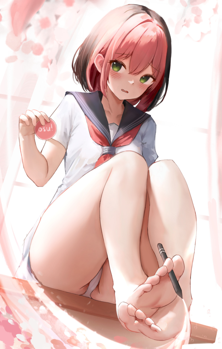 1girl absurdres bare_shoulders barefoot between_toes black_hair blue_sailor_collar blush breasts english_commentary facing_viewer feet full_body green_eyes highres holding holding_stylus looking_ahead medium_hair multicolored_hair neckerchief on_table open_mouth original osu! panties pantyshot pink_hair red_neckerchief redcxca sailor_collar school_uniform serafuku shirt short_sleeves sitting small_breasts soles solo stylus table thighs toes two-tone_hair underwear uniform white_panties white_shirt