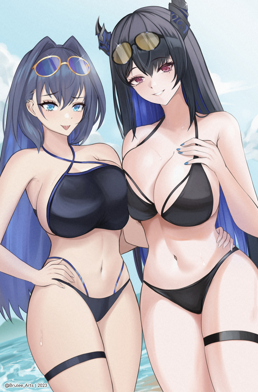 2girls absurdres asymmetrical_docking beach bikini black_bikini blue_eyes breast_press breasts brulee colored_inner_hair eyewear_on_head glint grin hair_intakes hand_on_another's_hip highres hololive hololive_english horns large_breasts mole mole_under_eye multicolored_hair multiple_girls navel nerissa_ravencroft ocean ouro_kronii parted_lips red_eyes smile stomach sunglasses swimsuit thigh_strap two-tone_hair virtual_youtuber