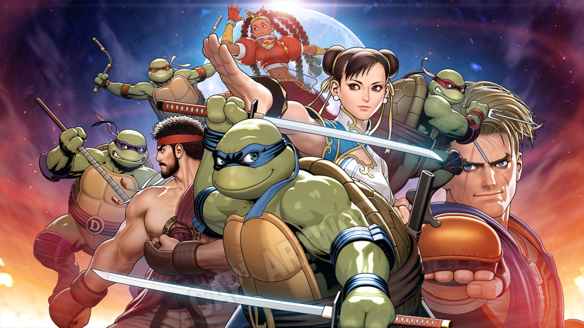 2girls 6+boys biceps blonde_hair bo_staff capcom chun-li clenched_hand colored_skin crossover dark-skinned_female dark_skin donatello_(tmnt) dual_wielding fighting_stance green_skin highres holding katana kimberly_jackson leonardo_(tmnt) luke_sullivan mask michelangelo_(tmnt) mori_toshiaki multiple_boys multiple_girls nunchaku official_art raphael_(tmnt) ryu_(street_fighter) sai_(weapon) smile street_fighter street_fighter_6 sword teenage_mutant_ninja_turtles weapon