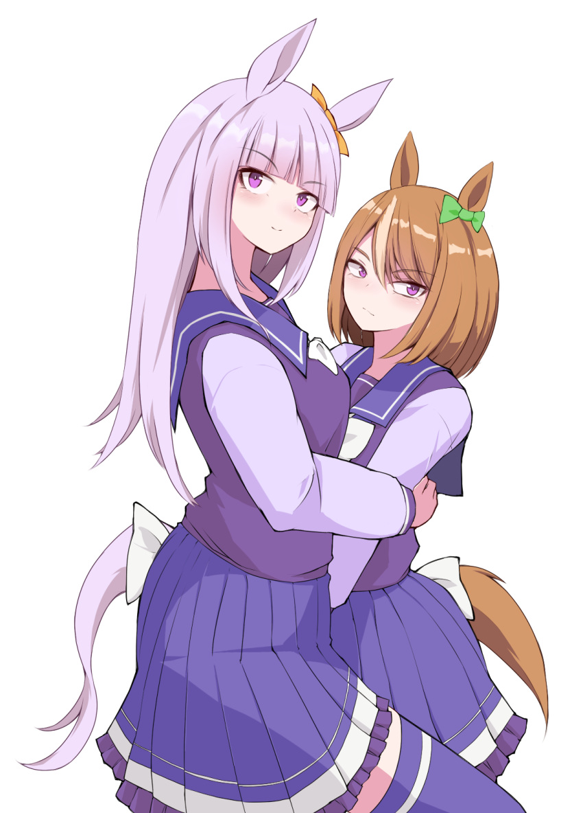 2girls animal_ears blunt_bangs bow bowtie brown_hair commentary frilled_skirt frills from_side highres horse_ears horse_tail long_sleeves multicolored_hair multiple_girls okumari oriental_art_(racehorse) original personification pleated_skirt point_flag_(racehorse) purple_eyes purple_hair purple_serafuku purple_shirt purple_skirt purple_thighhighs real_life sailor_collar sailor_shirt school_uniform serafuku shirt simple_background skirt streaked_hair tail thighhighs tracen_school_uniform umamusume white_background white_bow white_bowtie