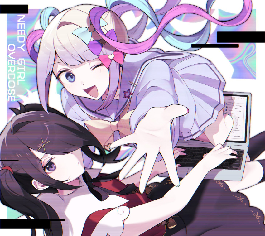 2girls ame-chan_(needy_girl_overdose) black_hair black_ribbon black_skirt black_socks blonde_hair blue_bow blue_eyes blue_hair blue_nails blue_shirt blue_skirt bow chouzetsusaikawa_tenshi-chan computer copyright_name hair_bow hair_ornament hair_over_one_eye highres laptop long_hair long_sleeves looking_at_viewer multicolored_hair multicolored_nails multiple_girls neck_ribbon needy_girl_overdose nneiro one_eye_closed open_mouth outstretched_arm pink_bow pink_hair pink_nails pleated_skirt purple_bow purple_eyes quad_tails reaching_towards_viewer red_shirt ribbon sailor_collar school_uniform serafuku shirt sitting skirt smile socks through_screen twintails very_long_hair x_hair_ornament yellow_bow yellow_nails
