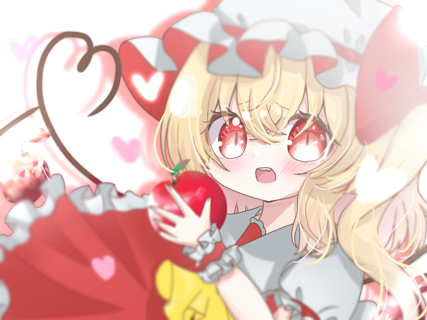 1girl apple ascot blonde_hair collared_shirt flandre_day flandre_scarlet food frilled_shirt_collar frilled_skirt frilled_sleeves frills fruit furrowed_brow hat heart heart_of_string highres holding holding_food holding_fruit knees_up looking_at_viewer mob_cap one_side_up open_mouth puffy_short_sleeves puffy_sleeves red_eyes red_skirt sarara_lala shirt short_hair short_sleeves skirt skirt_set slit_pupils solo teeth touhou upper_teeth_only white_headwear white_shirt wrist_cuffs yellow_ascot