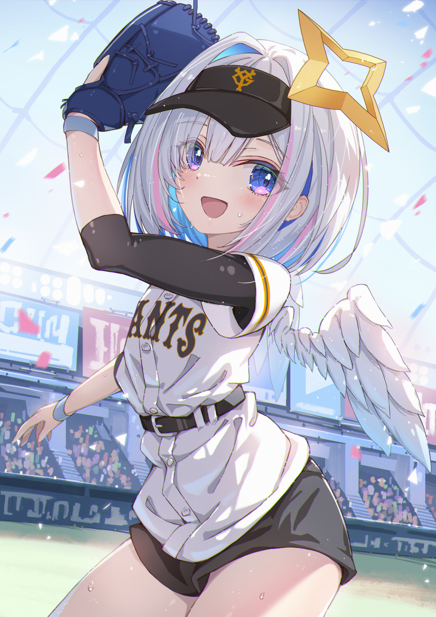 1girl :d absurdres amane_kanata angel angel_wings baseball_mitt baseball_stadium baseball_uniform belt blue_hair colored_inner_hair highres hololive juu_p looking_at_viewer multicolored_hair open_mouth purple_eyes short_hair short_shorts shorts smile solo sportswear stadium virtual_youtuber visor_cap wings